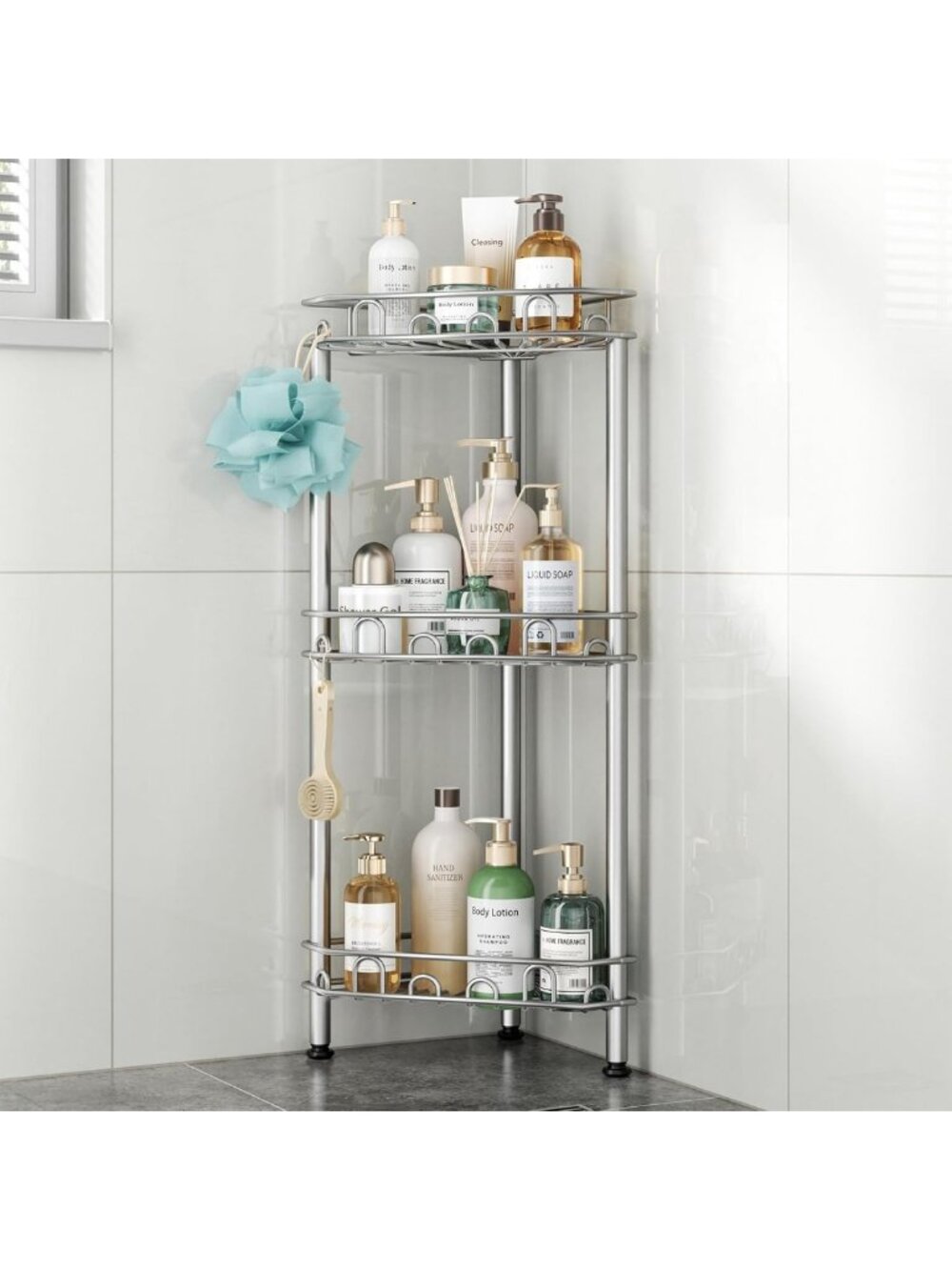 3-Tier Stainless Steel Shower Caddy Organizer with Hooks - Rustproof Corner